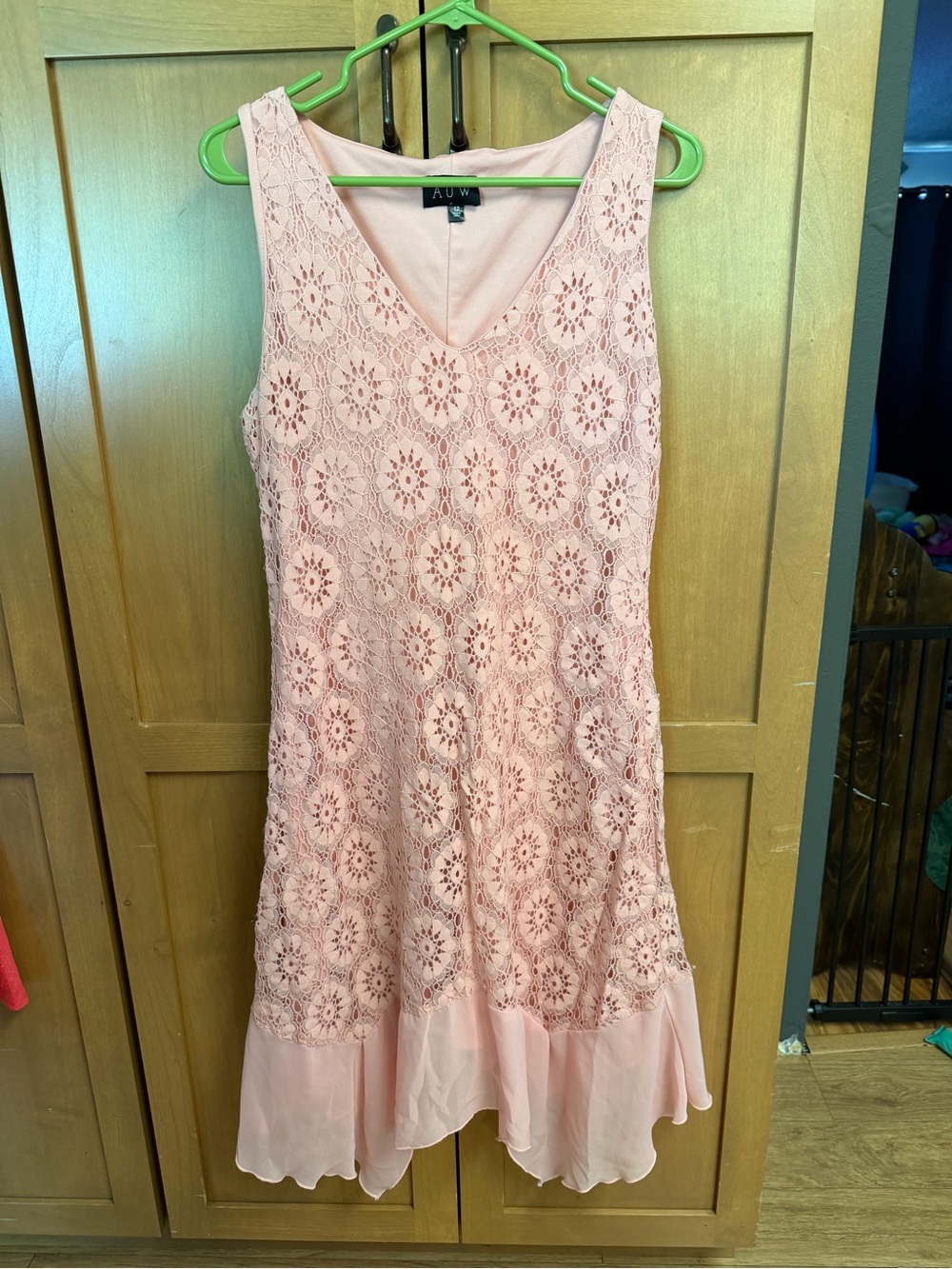 AUW Blush Pink Lace Midi Dress with Ruffled Hem